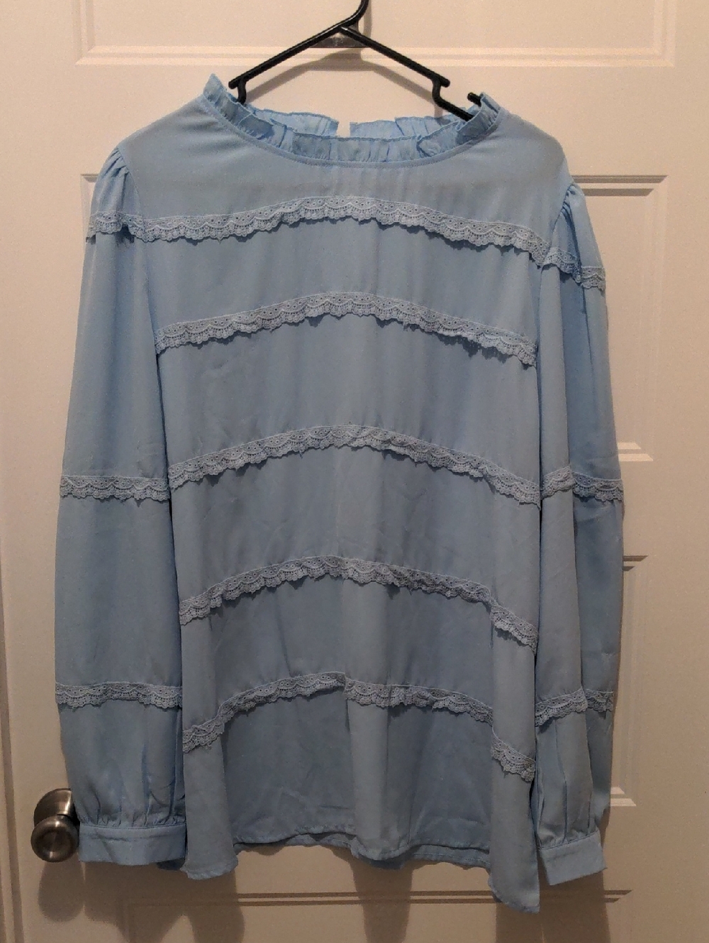 SHEIN Light Blue Ruffle Neck Lace Trim Blouse XL